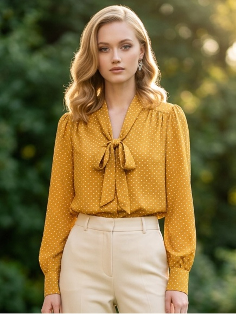 Dalia Yellow Polka Dot Chiffon V-Neck Tie Bow Long Sleeve Blouse M MB1250